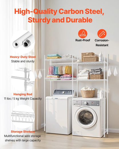 VEVOR Over The Washer and Dryer Storage Shelf, 4 Tier Laundry Room Drying Rack with Hanger Rod and Hooks, Adjustable Over Washer and Dryer Shelves, Laundry Room Shelf Storage Space Saver, White