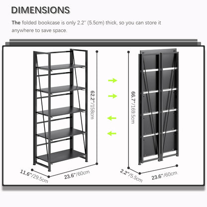4NM No Assembly Foldable Bookshelf, 5-Shelf Collapsible Bookcase Storage for Small Spaces, 62.2" H, All Black
