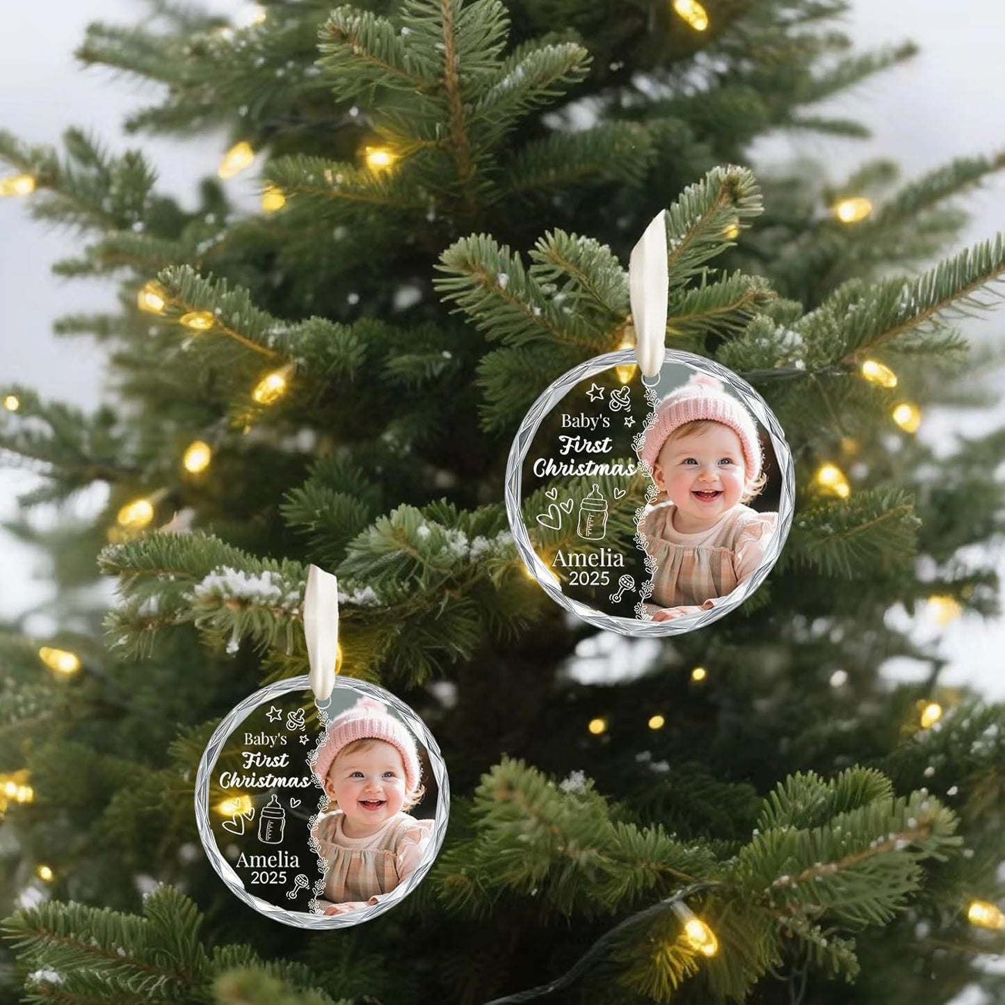 Personalized Baby's First Christmas Ornament 2025, Custom Christmas Photo Crystal Glass Ornaments with Name or Date, Personalized Christmas Tree Decor Gifts for Family, Friends,Pet or Baby
