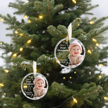 Personalized Baby's First Christmas Ornament 2025, Custom Christmas Photo Crystal Glass Ornaments with Name or Date, Personalized Christmas Tree Decor Gifts for Family, Friends,Pet or Baby