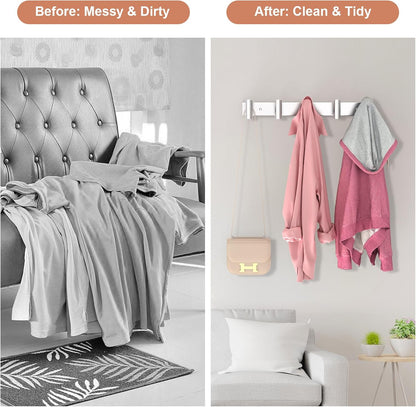 PMMASTO Coat Rack Wall Mounted, 5 "T Shaped Wall Hooks for Hanging, Heavy Duty Stainless Steel Coat Hook Rail for Hat Towel Robes in Bathroom Kitchen Mudroom Entryway (Silver, 2 Pack)