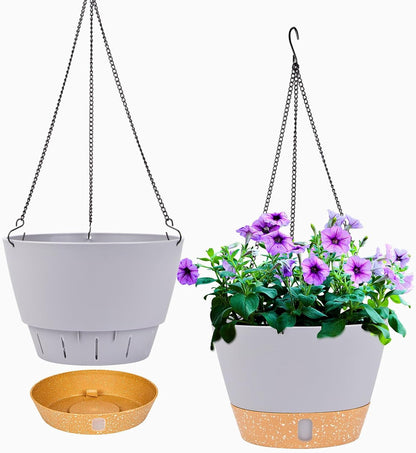 QCQHDU 2 Pack Hanging Planters for Indoor Outdoor Plants, 10 Inch Hanging Baskets Flower Pots with Reservoir Tray & Visible Water-Level