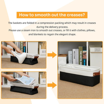 DULLEMELO Toilet Paper Storage Basket with Leather Handles, for Back of Toilet, Bathroom Storage for Towels & Paper (White & Black)