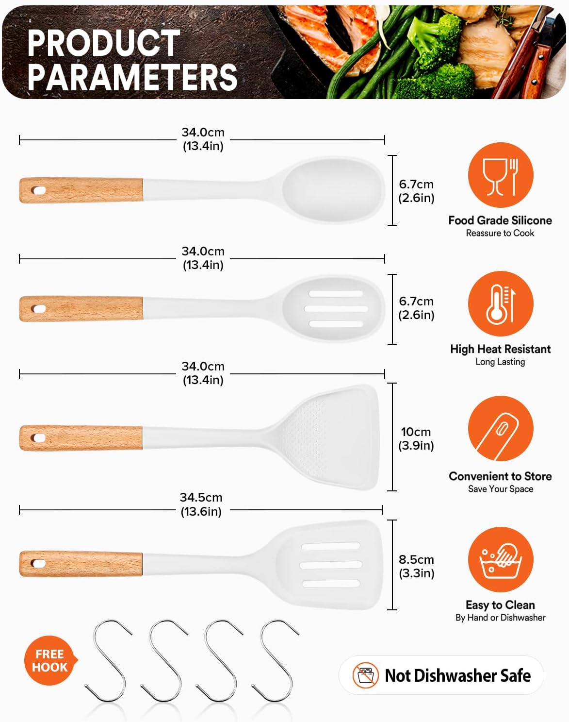 Silicone Cooking Utensils Set, Perfectly Angled for Frying, Mixing,Serving,Draining,Turning and Stirring, BPA-Free Matte Silicone, Wood Handles, Safe for Nonstick Cooking Surfaces,4 Pack (White)