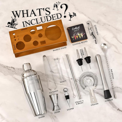 Bartender Kit Cocktail Shaker Set with Stand Bar Tool Bar Set for Drink Mixing Home Bartending Kit 17-Piece Bar Cart Accessories: Martini Shaker, Mixer Spoon, Jigger, Muddler, Strainer & Recipes Gifts