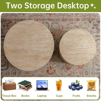 Round Nesting Coffee Table Set of 2 Small Round Coffee Tables for Living Room Modern Fluted Coffee Table Circular End Table Side Table for Small Spaces No Assembly (Travertine, 27 in)