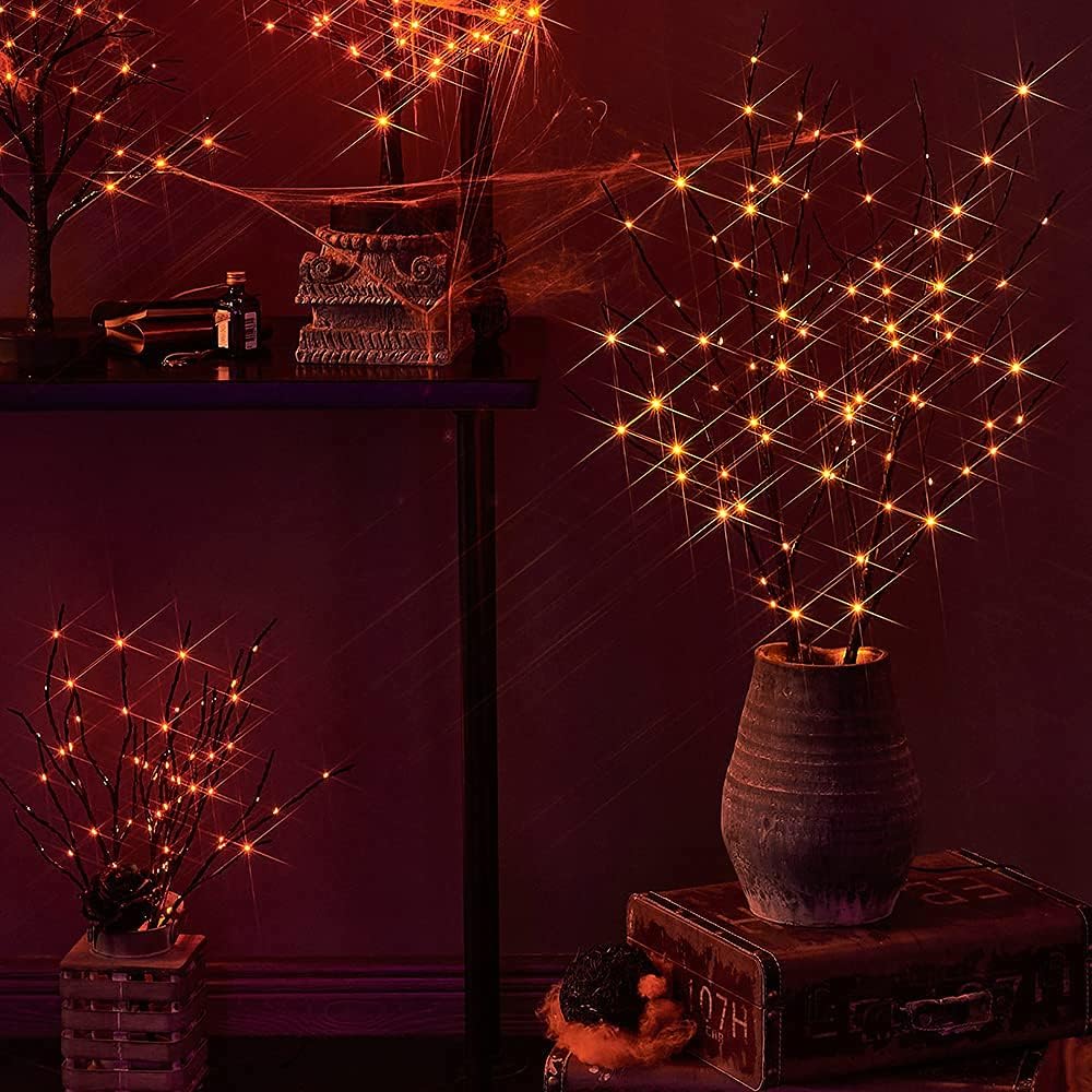 LITBLOOM Halloween Tree Branch Lights 32IN 100 Orange LED with Timer, Lighted Black Twig Branches with Fairy Lights for Halloween Decoration Indoor Outdoor