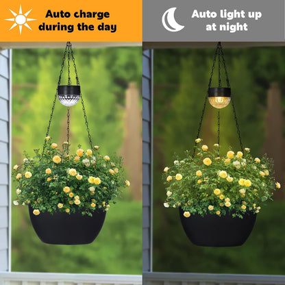 2 Packs Hanging Planters Basket for Outdoor Plants, Solar Powered Self Watering Black Round Plastic Flower Pots with Drainer for Balcony Patio Garden Outdoor Decoration