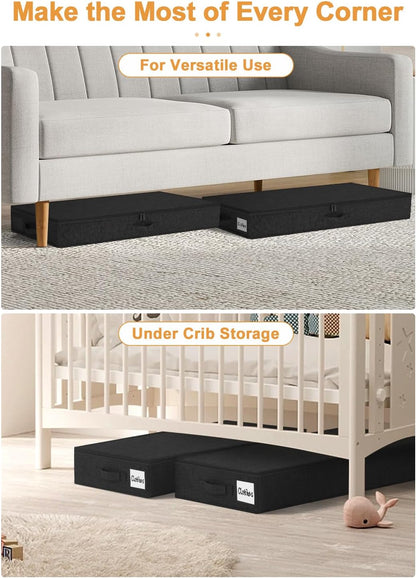 punemi Under Bed Storage Containers, 4.5 Inches Tall Low Profile Underbed Clothes Storage Organizer Bin with Sturdy Side & Bottom, Use as Shallow Dorm Storage Under Bed, Flat Clothes Organizer, Black