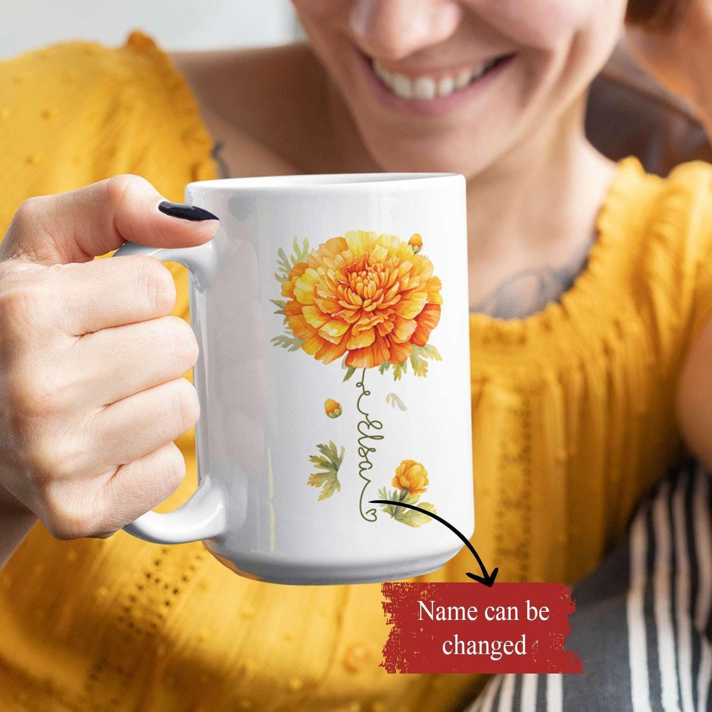 Unique Marigold Themed Ceramic Mug, Personalized Name Flower Accent Cup, Lovely Floral Coffee Mug 11oz 15oz, Custom Ceramic Mug For Flower Lover, Customized Marigold Decorative Cup