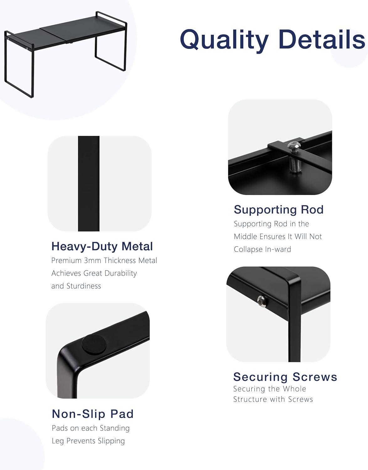 Nxconsu Expandable Cabinet Shelf Organizer Riser for Kitchen Pantry Cupboard Under Sink Countertop Home Storage Organization Rack Space Saver Freestanding Heavy Duty Nonslip Stackable Black Large