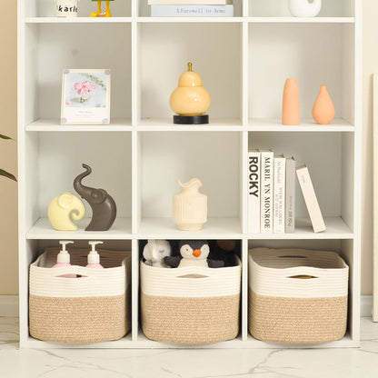 Large Storage Baskets for Organizing Shelves, Woven Cotton Rope Bins for Baby Nursery Organization, Book Toy Towel Organizer, 17"x13"x9.5", 3 Packs, Off White & Brown