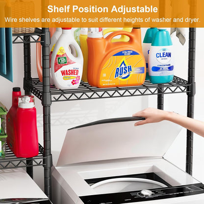 U14 Over Washer and Dryer Storage Shelves, 4 Tiers Laundry Room Storage and Organizer System, Space Saving Clothes Drying Rack with 2 Clothes Hanger Rods, 66.5" W x 20.5" D x 77.4" H, Black