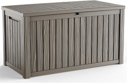 150 Gallon Outdoor Deck Box,Storage Lockable Waterproof Patio Furniture,Garden Tools,Cushions,Pool Accessories Outside Storage Resin Box(Grey)