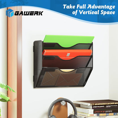 3 Tier Hanging Wall File Organizer, Mesh Mail Paper Orgnization Hanging File Folder Holder for Home Office, Black