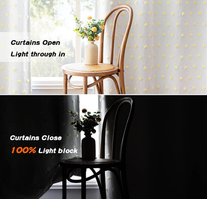 MYSKY HOME 100% Blackout Curtains for Girls Kids Bedroom Thermal Insulated 84 Inch Length Nursery Curtains 2 Panels Grommet Light Filtering Yellow Pom Pom Sheer Drapes for Dining Room, 52W x 84L