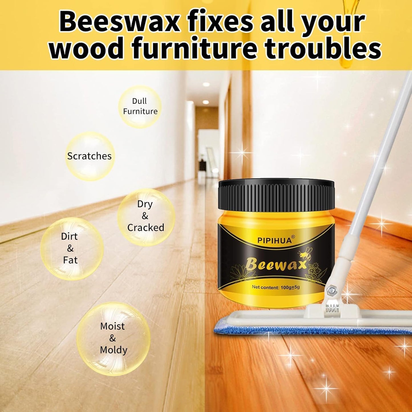 PIPIHUA Beeswax Polish and Conditioner for Wood Furniture - Waterproof & Restorer Wood Wax, Multipurpose Beeswax Furniture Polish and Cleaner for All Types and Colours(2×100g with 4 Sponges)
