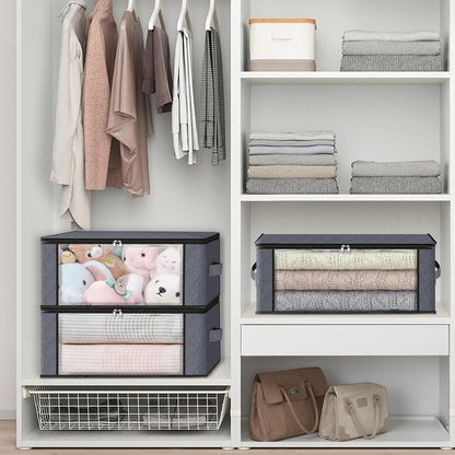 HomeHacks Storage 8-Pack Clothes Organizer Storage Bags Foldable Storage Box with Large Clear Window Sturdy Handles for Closet, Dorm, Pillows, Bedding, Clothes, Blankets, 35L, Grey