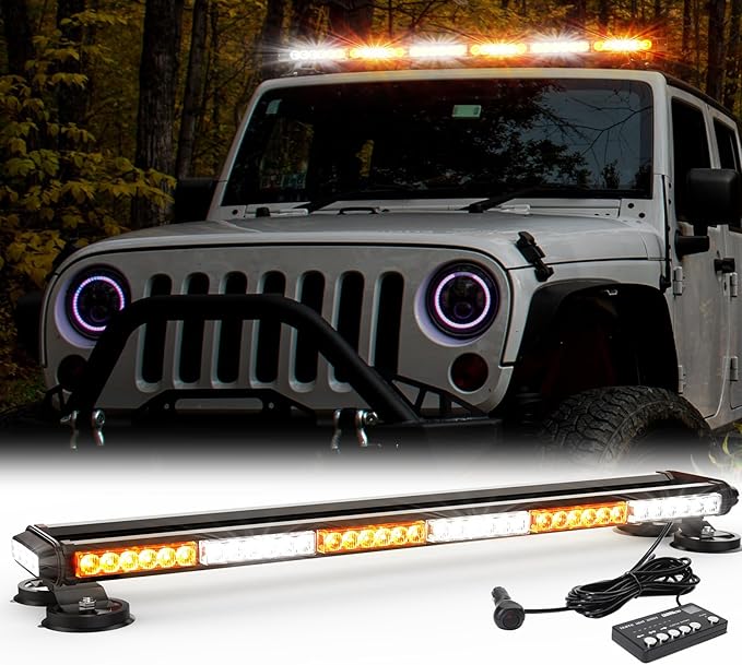 WINECO Amber White 38.5" LED Rooftop Strobe Lights Bar, Double Side Flashing Emergency Hazard Caution Warning Beacon Lightbar w/Magnetic for Construction Vehicles Tow Trucks Vans Tractor Snowplow