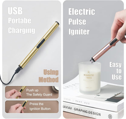 Exquisite Candle Accessories Tool Pack Bag, Rechargeable Electric Lighter， Wick Trimmer, Dipper, Snuffer and Tray Holder Elegant Kit Gift for Candle Lovers in Dating, Valentines Decor. ( Lemon Gold )