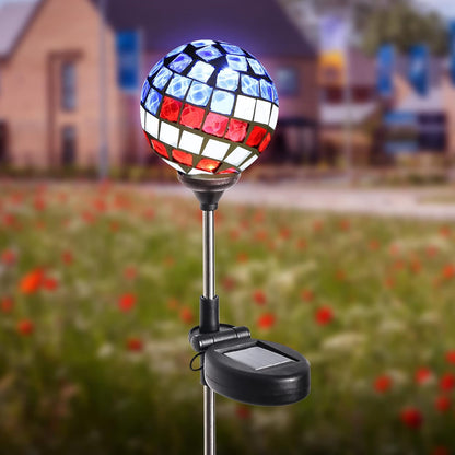 WNP Solar Powered Outdoor Garden Light Stakes Decoration, Mosaic Globe 4th of July Stake Solar Light for Patio Pathway Yard Decor, Waterproof Solar Glow Glass Ball Lights