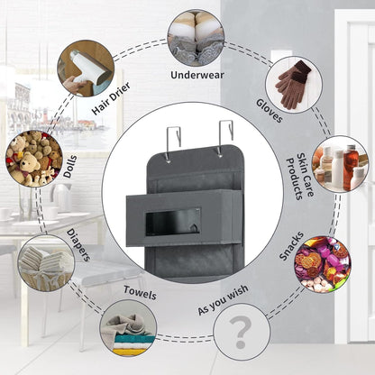 5-Shelf Over The Door Hanging Organizer with 2 Metal Hooks，5 Pocket Over The Door Wall Mount Storage with Clear Windows for Baby Nursery Bathroom Closet,Bedroom,Dorm (Gray-2 Pack)