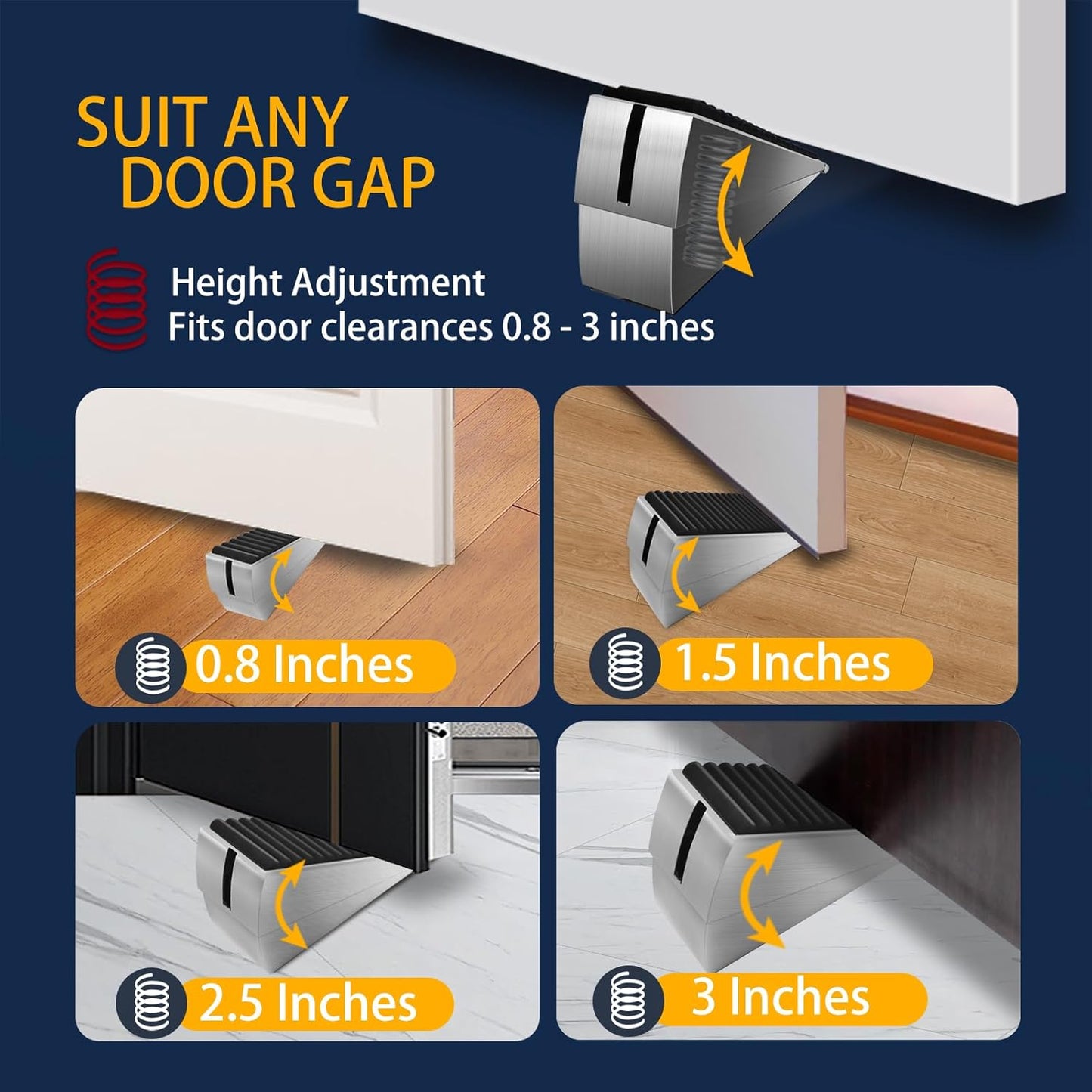 Heavy Duty Door Stopper Adjustable Spring Large Stoppers Wedge, Tall up to 3 Inches Doorstop Stainless steels Made Suits Any Heavy Doors
