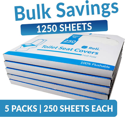 Reli. Toilet Seat Covers (1250 Pcs, 5 Packs of 250) | Disposable Toilet Seat Cover - Flushable - 14x16" (Half-Fold) | Paper Liners for Restroom, Bathroom, Travel, Camping, Kids Potty Training