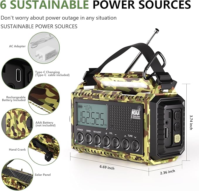 Emergency Weather Radio,12000mAh/44400mWh Solar Hand Crank AUTO NOAA Alert/AM/FM/SW Shortwave Radio with Type-C Charger, Battery Operated Radio,Reading Lamp, SOS & Flashlight for Emergencies