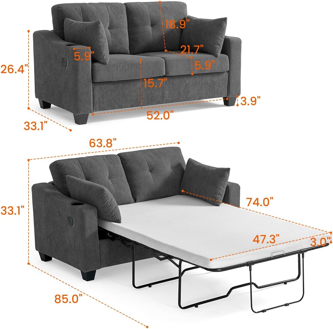 Pull Out Sofa Bed, Full Size Sleeper Sofa, 2-in-1 Convertible Corduroy Couch with USB Charging, Memory Form Couch for Living Room, Apartment and Small Space (Dark Grey, Corduroy - Full Size)