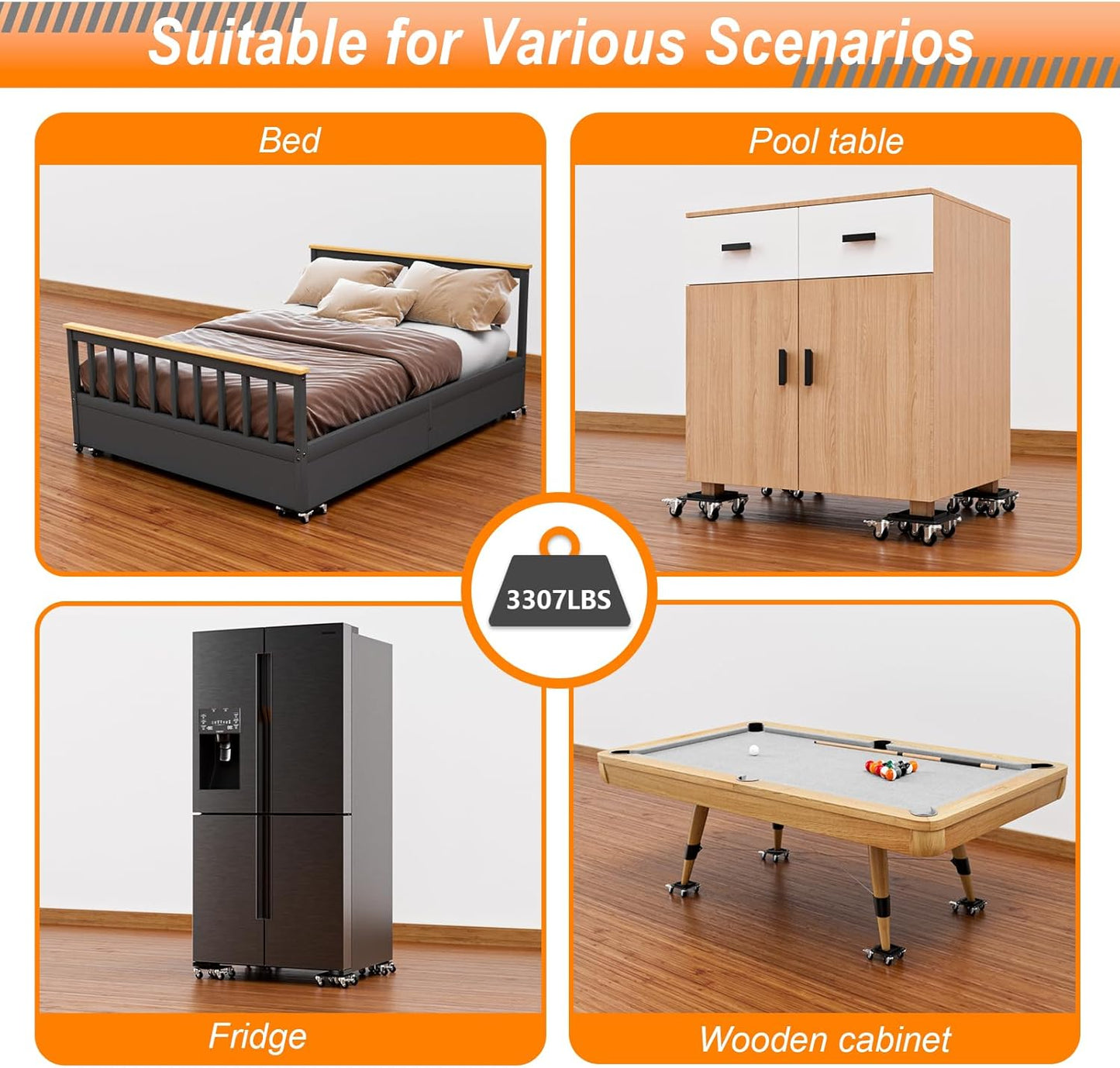 Furniture Dolly 5 Wheels Heavy Duty with Removable Side Guards,3307 Lbs Capacity,360° Rotating Wheels & Tail Brake,Furniture Movers Lifter Tool for Sofas,Beds, Appliances,–Stable,Safe,and Easy to Use