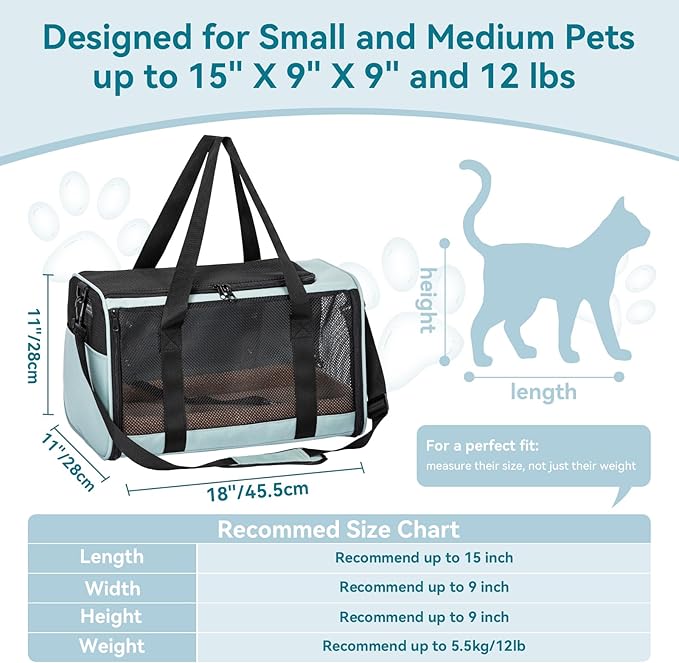 Petsfit 18 X 11 X 11 Airline Approved & Cat Car Carrier, with Patent Safety Buckles & Lockable Zippers Preventing Escapes, Breathable Mesh & Padded Mat — Portable, Stress-Free Travel Carrier