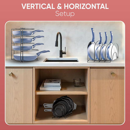 Heavy-Duty Pots and Pans Organizer | 5-Tier Cookware & Lid Storage Rack | Free-Standing or Wall-Mount | Kitchen Organizer for Cast Iron Skillets, Pots, Frying Pans, Lids | Black