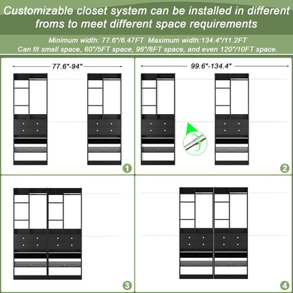 Closet System, Up to 134"/11.2 FT Closet Organizer with 4 Wooden Drawers and Shelves, Walk-in Closet System with 6 Hanging Rods, Built-in Closet Can Fit 96"/8FT, 120"/10FT, Black