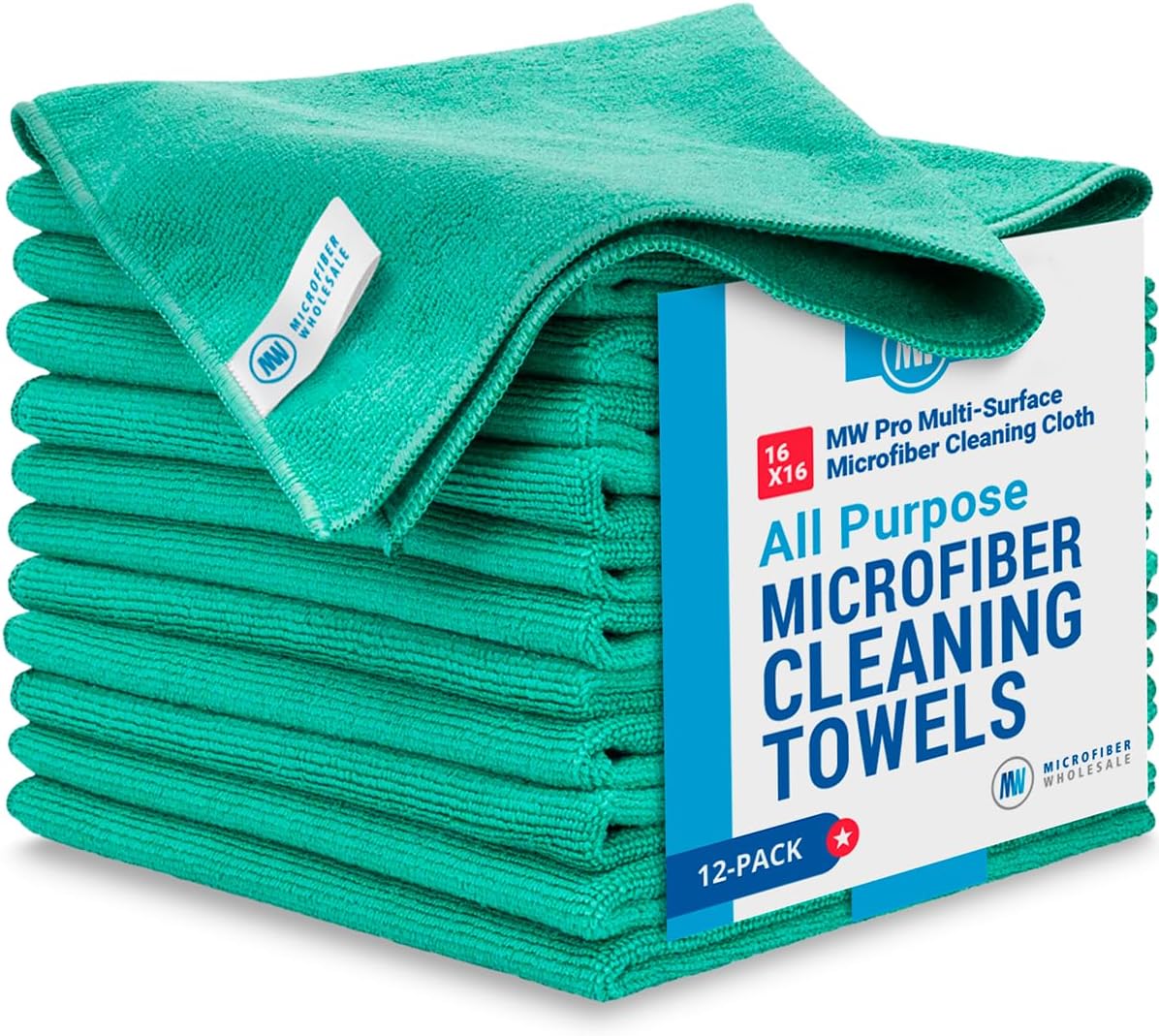 MW Pro Microfiber Cleaning Cloth | Green (12 Pack) | Size 16" x 16" | All Purpose Microfiber Towels - Clean, Dust, Polish, Scrub, Absorbent