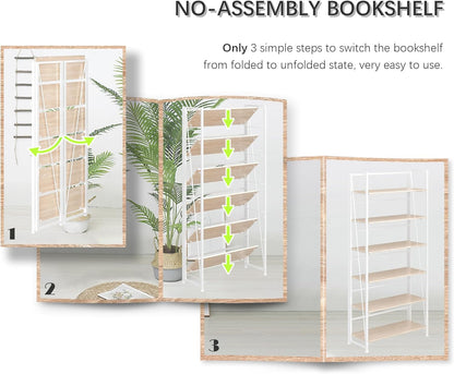 4NM No Assembly Foldable Bookshelf, 6-Shelf Collapsible Bookcase Storage for Small Spaces, 74" H, Natural White