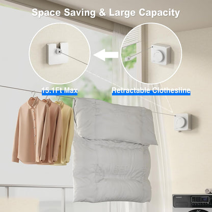 Retractable Clothesline Indoor, Non-Sagging Outdoor Clothes Line Retracting Heavy Duty Clothes Drying Laundry Line Wall Mounted Stainless Steel Line-15.1 Feets(Square-White)
