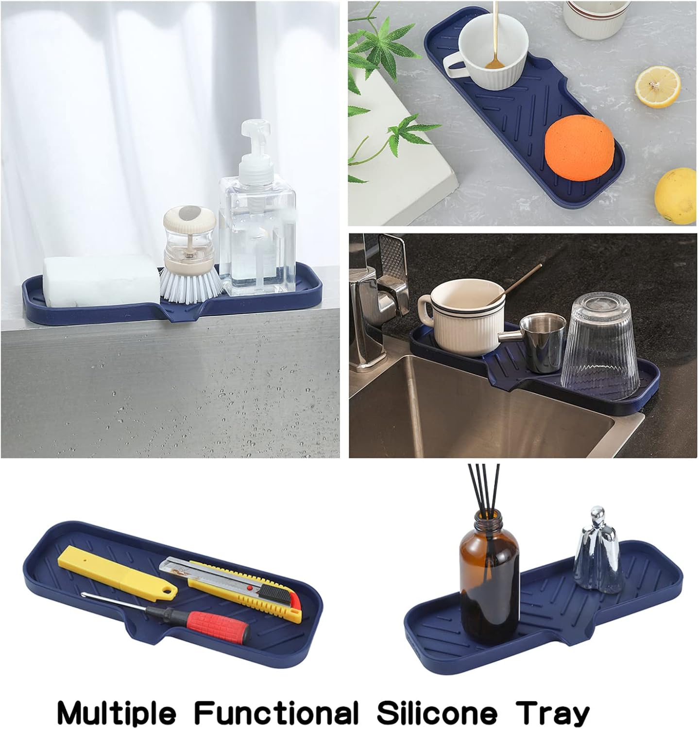 Silicone Bathroom Soap Dishes with Drain Spout-Kitchen Sink Organizer,Sponge Holder,Dish Soap Tray,Perfect for Dispenser,Scrubber,Bottle,Cup on Sink or Counter-Navy Blue 12"×4"