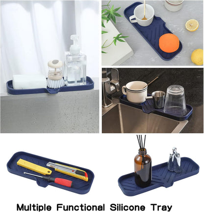 Silicone Bathroom Soap Dishes with Drain Spout-Kitchen Sink Organizer,Sponge Holder,Dish Soap Tray,Perfect for Dispenser,Scrubber,Bottle,Cup on Sink or Counter-Navy Blue 12"×4"