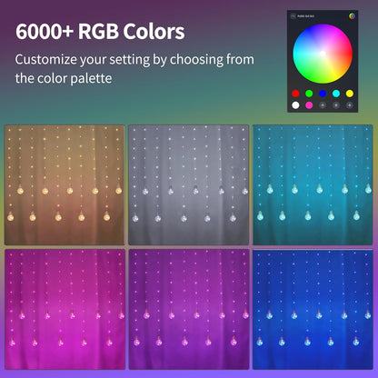 Color Changing Wishing Ball Curtain Lights, 9.8 x 3.3 FT RGB LED Fairy Light with Remote App Control, Music Sync Window Backdrop Wall Hanging Lights for Bedroom Party Halloween Christmas Decoration