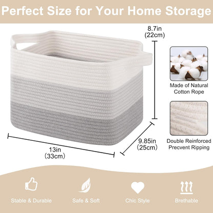 Storage Baskets for Organizing, Woven Baskets for Shelves, Rectangle Decorative Organizer for Storage Clothes, Toy, Books, Towels Nursery Bins 3 Pack (Gradient Grey)