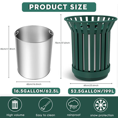 16 Gallon Round Large Outdoor Trash Can, Heavy Duty Metal Slatted Garbage Can Outdoor, All Weather Resistant Commercial Garbage Cans, Waste Receptacle in Park, School, Beach, Patio (Green, Large)