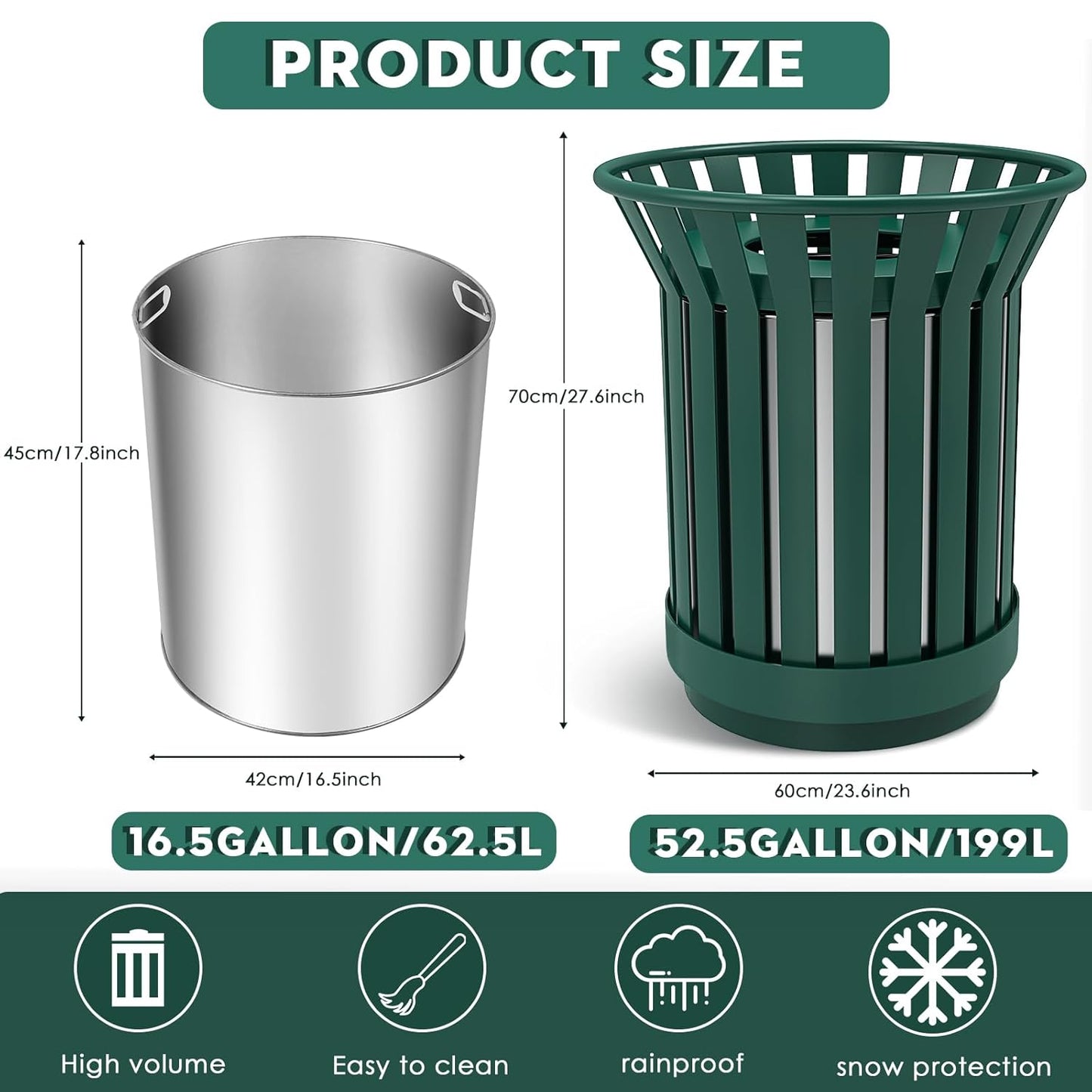 16Gallon/62L Commercial Outdoor & Indoor Metal Trash Can, Outdoor Slatted Trash Receptacle with Metal Linner, All Weather Resistant Large Outside Zone Round Garbage Bin for Street, Park, School-Green