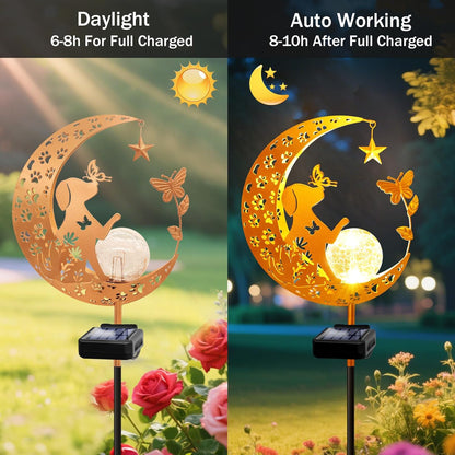 YJFWAL Garden Solar Dog Lights Pathway Stake Lights Glass Globe with Moon Dog Decor, Gifts for Mom Grandma Friends, Outdoor Decor Light Waterproof for Walkway, Yard, Patio or Garden (Warm White)