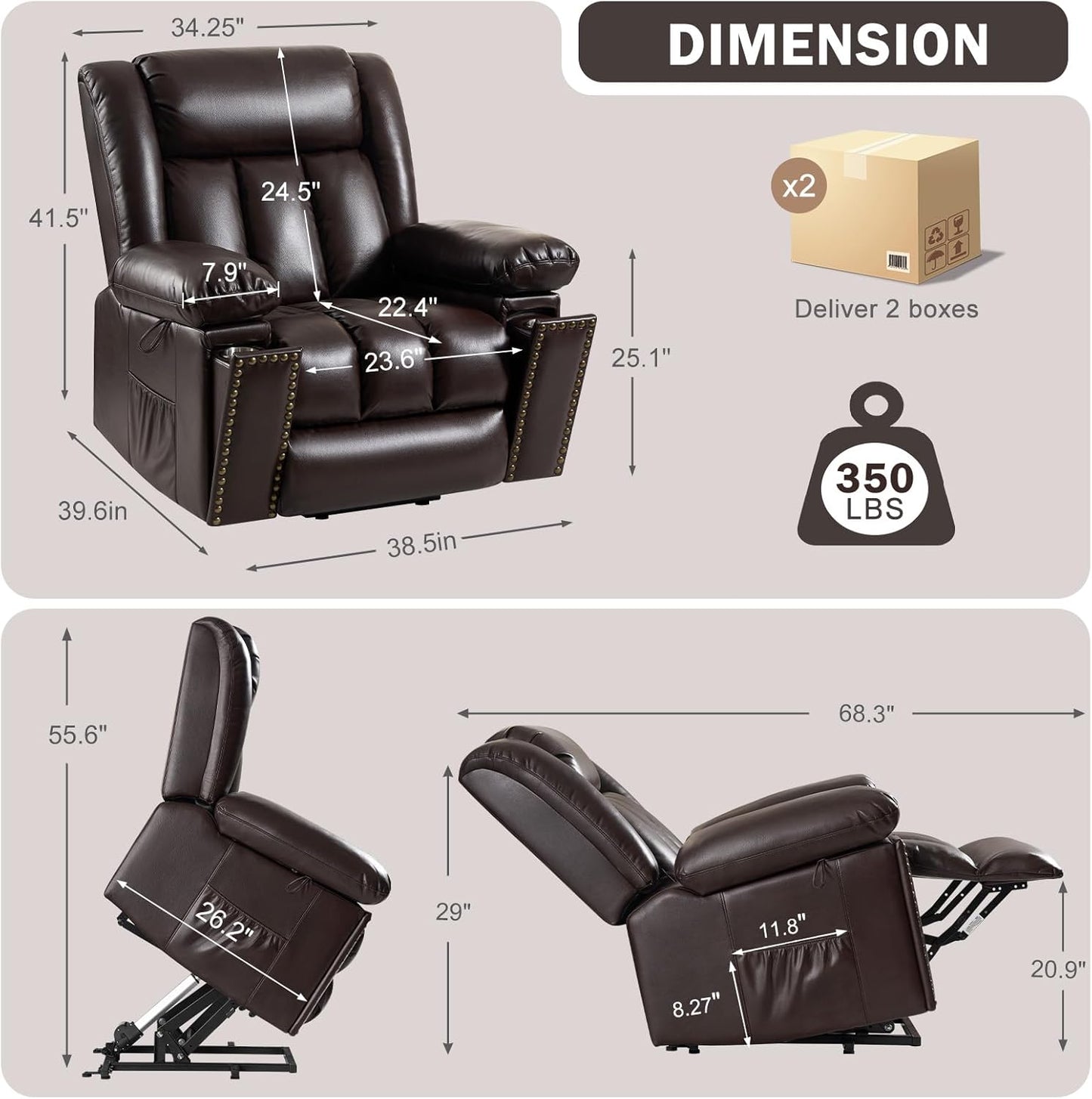 Electric Power Lift Recliner Chair for Elderly with Heat & Massage, Large Breathable Leather Reclining Chairs w/2 Concealed Cup Holders for Seniors Home Living Room,Bedroom,1PC,Brown