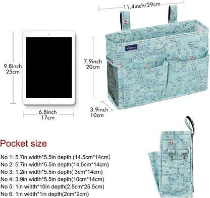 Surblue Bedside Caddy Hanging Bed Organizer Storage Bag Pocket for Bunk and Hospital Beds, College Dorm Rooms Baby Bed Rails,Camp Chiars，Wheelchair Side Bag，4 Pockets and 2 Hooks (Cartoon)