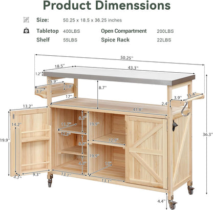 Outdoor Grill Table with Stainless Steel Top, Farmhouse Solid Wood Kitchen Island Cart with Internal Storage Rack, Outdoor Bar Cart with Storage Cabinet, Spice & Towel Rack, Natural