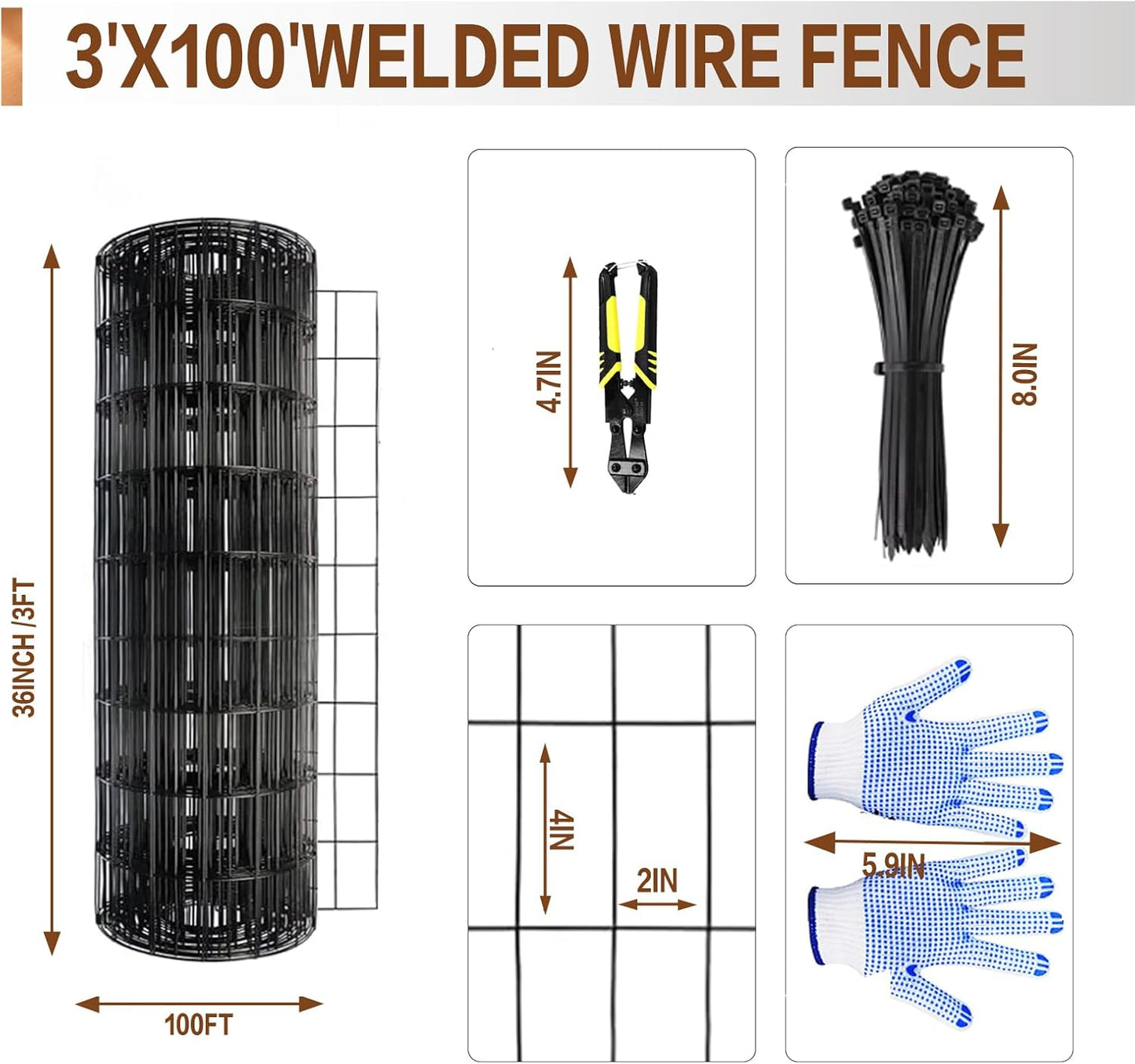 Tongmo 3 ft x 100 ft Black PVC Coated Welded Wire Fence, 16GA Garden Chicken Wire Fence Roll, Mesh Size 2" x 4" Hardware Cloth, Ideal for Yard Protection and Poultry Netting
