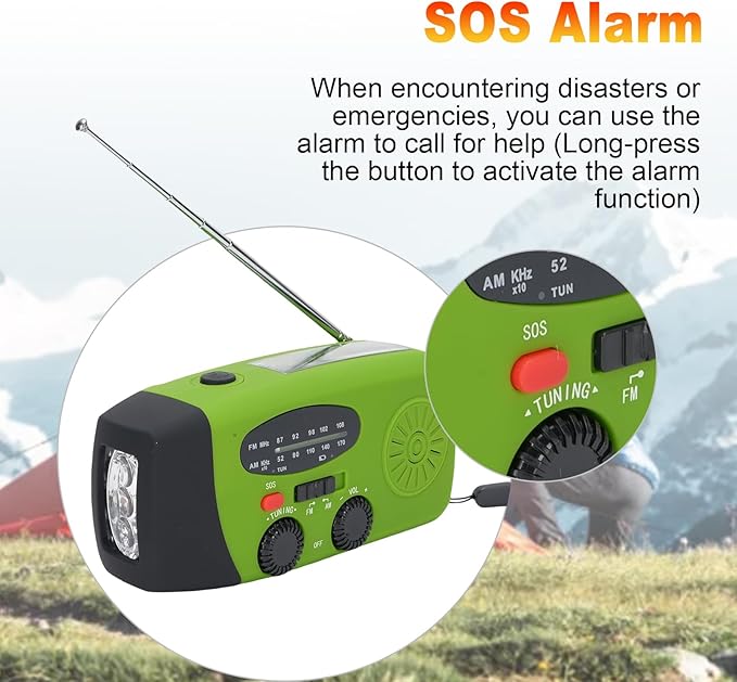 2000mAh Wind Up Radio, Portable Solar Emergency Radio with SOS Alarm, AM FM Weather and Torch, for Power Outage Camping Hiking (Green)