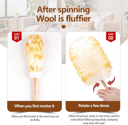 Lambswool Duster for Cleaning with Solid Wooden Handle Leather Hang Strap 19.6 inch Natural Feather Duster for Cleaning Ceiling Fans Window Blinds Computer Furniture(2 Pack)